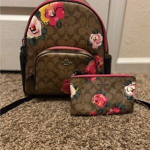 Coach Floral Print Signature Backpack & Wristlet - Brown/Pink